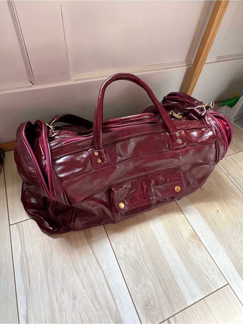 Vintage Genuine Leather Burgundy Duffle Bag Carry On Travel Tote Multi Pocket